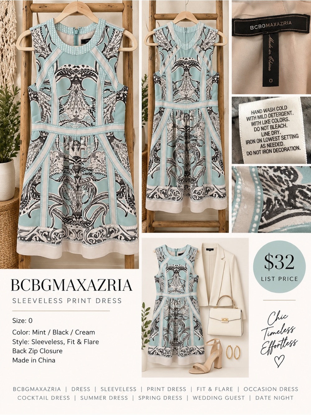 BCBGMaxAzria Mint, Black & Cream Sleeveless Print Fit-and-Flare Dress